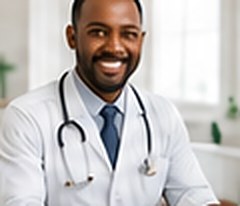 A smiling doctor in a white coat